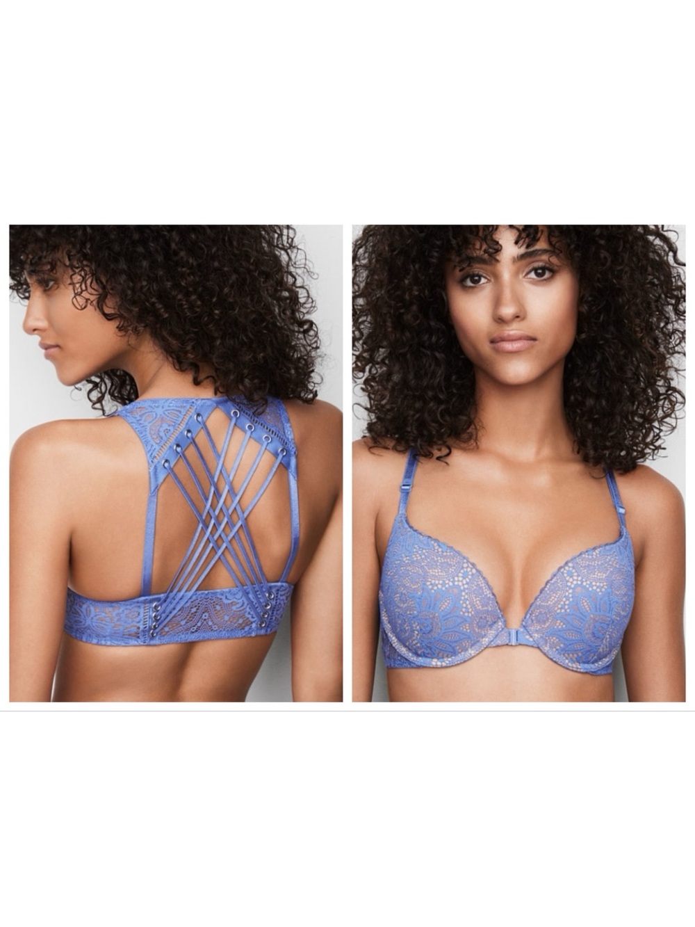 Victoria’s Secret Very Sexy Lace Push Up Strappy Back Front Close Bra 32DD Blue